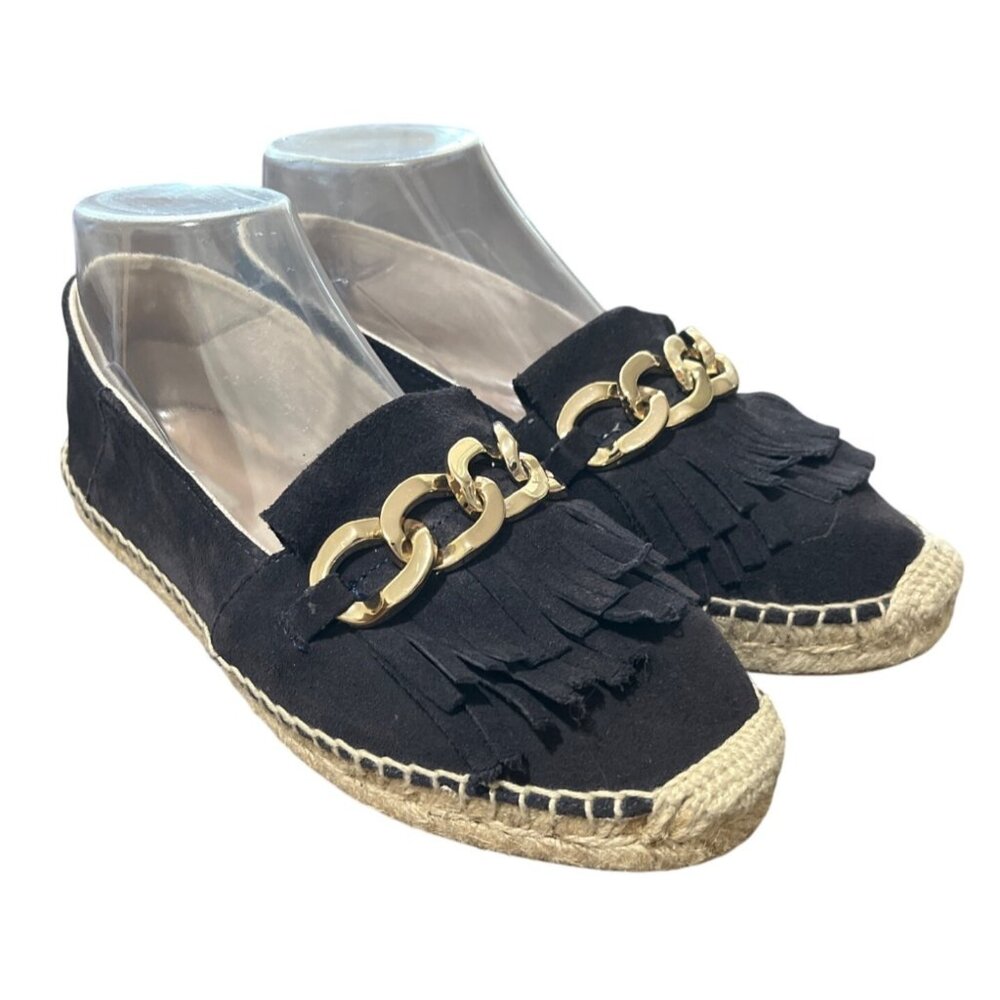 Massimo Dutti Black Suede Espadrille Loafer Gold-Chain Fringe EU 38 / US 7.5